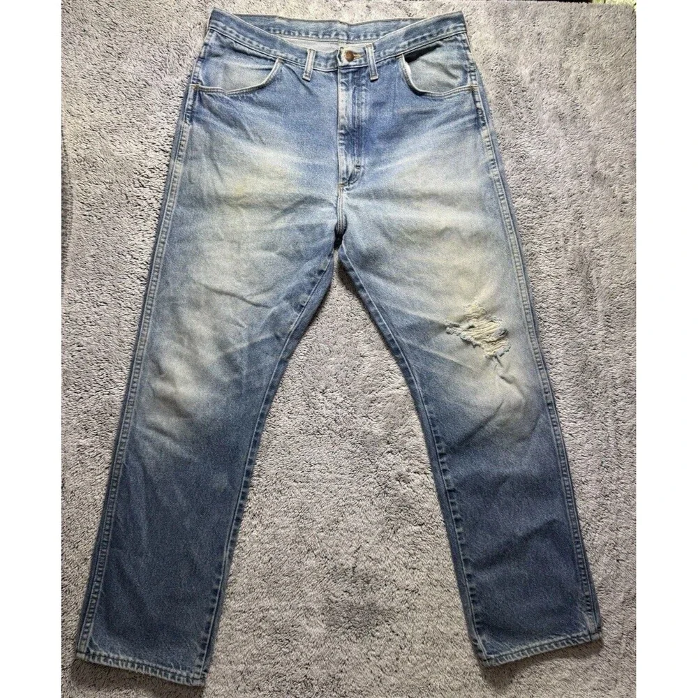 VTG Rustler Jeans Men’s 34x32 Blue Denim Distressed Faded‎ Whiskered Grunge Work - Picture 5 of 16